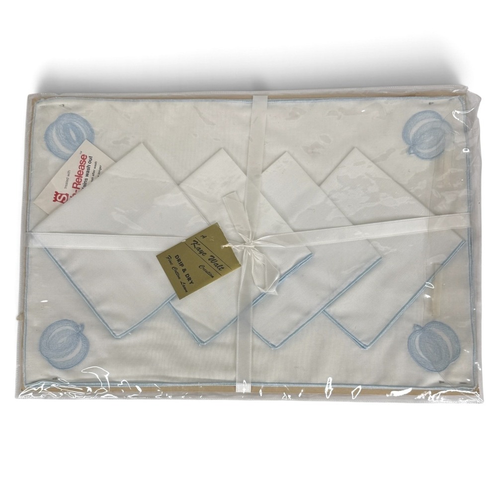 New Table Linen Set Placemats Napkins White Blue Pumpkin VTG Kaye Walt Creations
